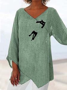 Newchic Women Cute Cat Print Wrap Design Cotton 3/4 Sleeve Blouse
