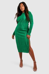 Boohoo Plus Plisse Midi Jurk Met Split En Lange Mouwen, Green