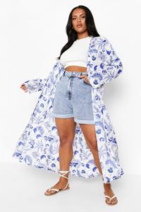 Boohoo Plus Long Line Geweven Luipaardprint Kimono, Blue