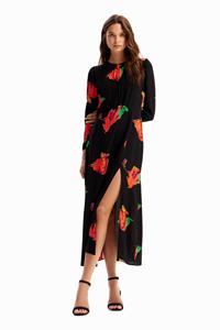 Desigual Lange jurk met split en bloemen - BLACK