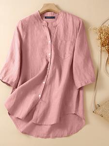 ZANZEA Women Plain Stand Collar Chest Pocket Cotton 3/4 Sleeve Shirt