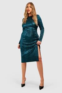 Boohoo Plus Plisse Metallic Midi Jurk Met Lange Mouwen, Teal