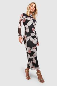 Boohoo Mesh Midaxi Jurk Met Wazige Bloemen En Lange Mouwen, Black