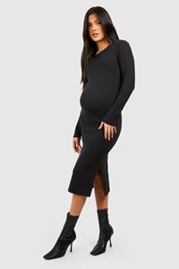Boohoo Maternity Long Sleeve Midi Rib Dress, Black