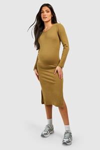 Boohoo Maternity Long Sleeve Midi Rib Dress, Khaki