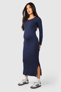 Boohoo Maternity Long Sleeve Rib Midaxi Dress, Navy