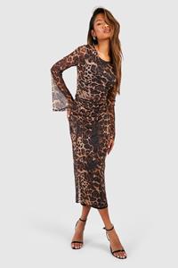 Boohoo Animal Printed Mesh Long Sleeve Midaxi Dress, Brown