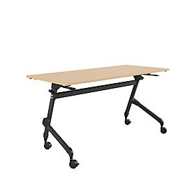 Klappbarer Schreibtisch, mit 4 feststellbaren Rollen, Rechteck, Rundrohr, B 1400 x T 600 x H 720 mm, Ahorn-Dekor/schwarz