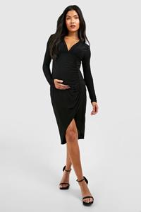 Boohoo Maternity Long Sleeve Slinky V Neck Midaxi Dress, Black