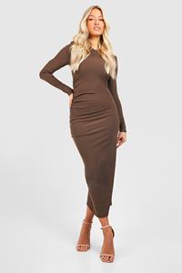 Boohoo Premium Rib Draped Long Sleeve Dress, Brown