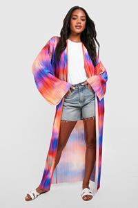 Boohoo Plisse Marmerprint Maxi Kimono Met Print En Wijde Mouwen, Blue