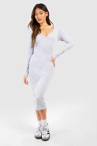 Boohoo Notch Neck Long Sleeve Jersey Midi Dress, Grey Marl