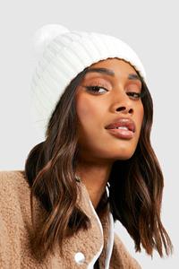 Boohoo Pom Pom Beanie Hat, Ivory