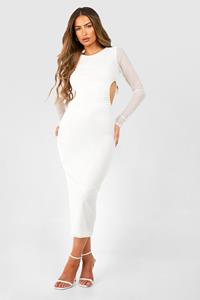 Boohoo Cut Out Long Sleeve Ruched Mesh Midaxi Dress, White