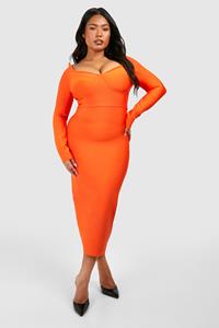 Boohoo Plus Bandage Off Shoulder Long Sleeve Midaxi Dress, Burnt Orange