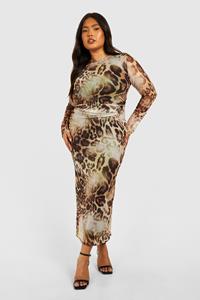 Boohoo Plus Cut Out Long Sleeve Ruched Leopard Mesh Midaxi Dress, Brown