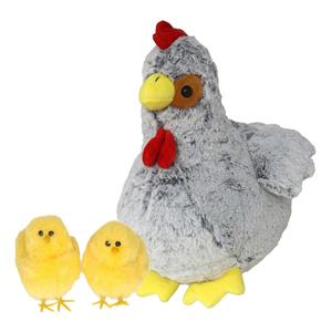 Merkloos Pluche kip knuffel - 30 cm - grijs - met 2x gele kuikens 7 cm - kippen familie -