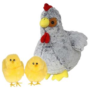 Merkloos Pluche kip knuffel - 30 cm - grijs - met 2x gele kuikens 9 cm - kippen familie -