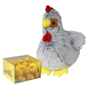 Merkloos Pluche kip knuffel - 20 cm - multi kleuren - met 6x gele kuikens van 5 cm - kippen familie -