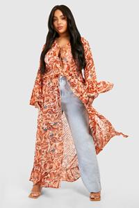 Boohoo Plus Woven Paisley Print Frill Detail Longline Kimono, Cream