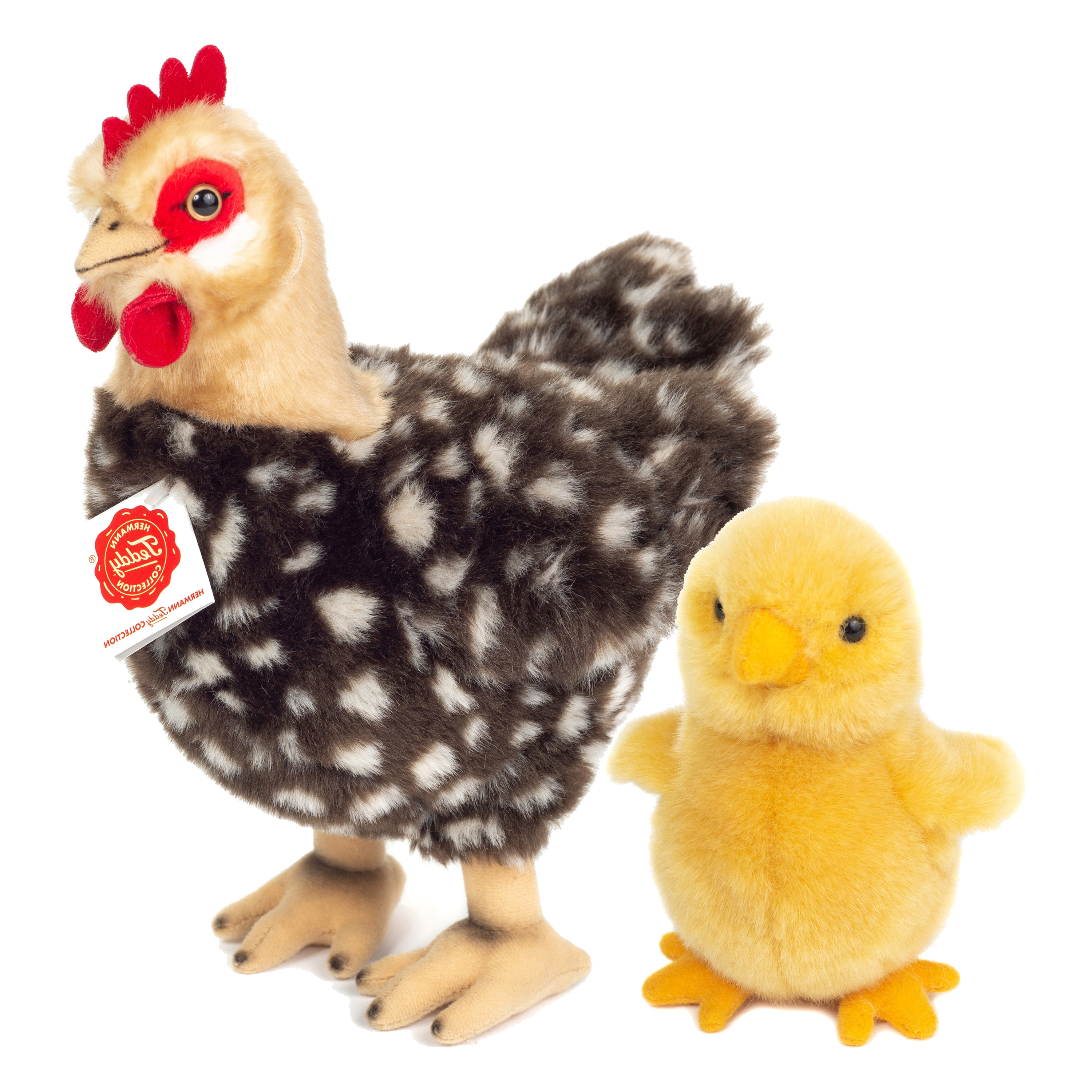 Hermann Teddy Pluche kip knuffel - 24 cm - multi kleur - met een kuiken van 10 cm - kippen familie -
