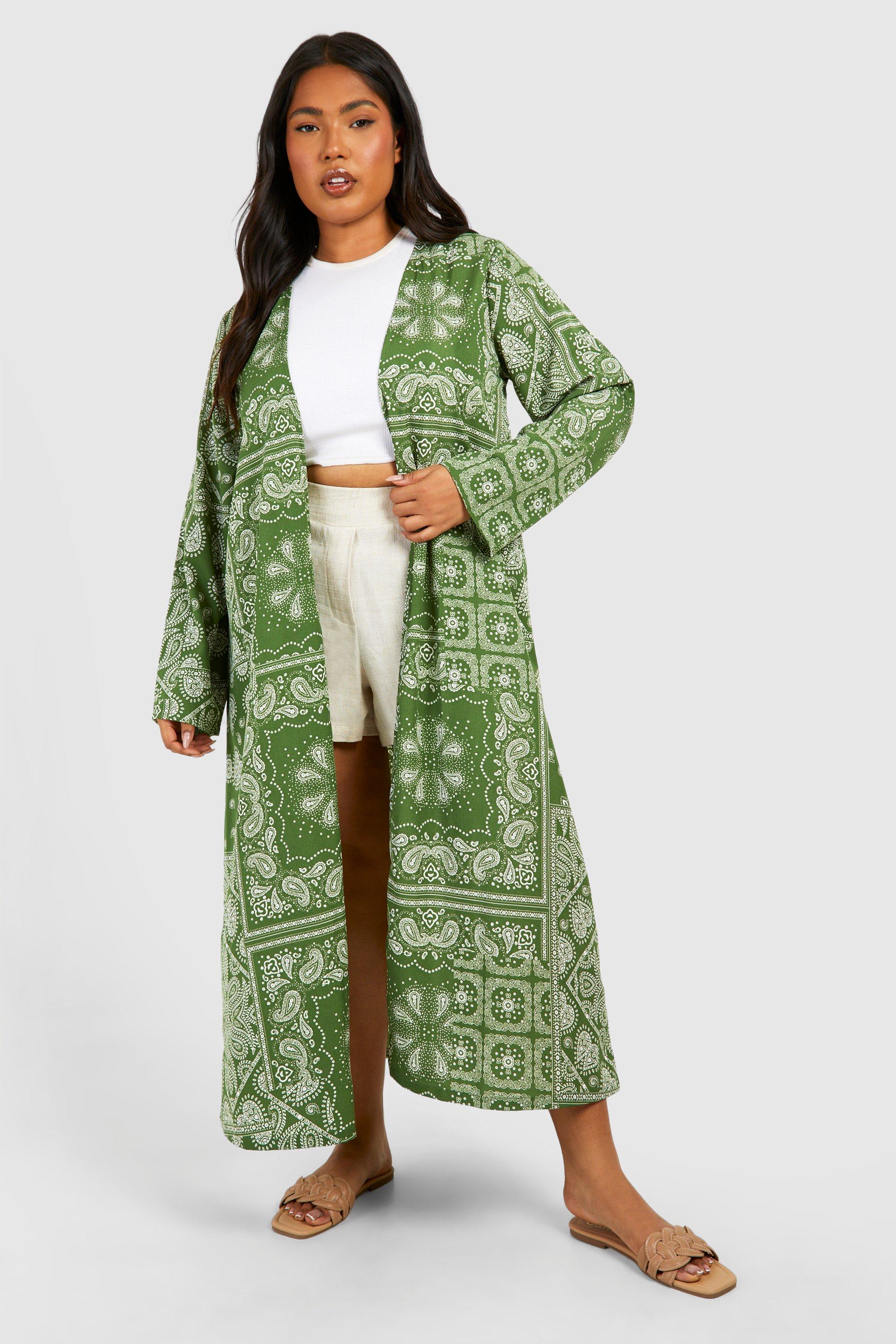 Boohoo Plus Woven Paisley Print Kimono, Green