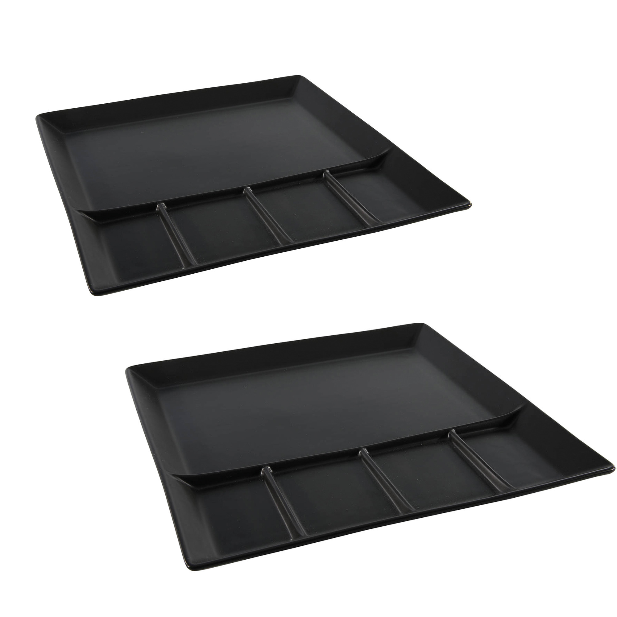 Svenska Living 4x stuks mat zwart fondue/gourmet bord 5-vaks vierkant aardewerk 24 cm -