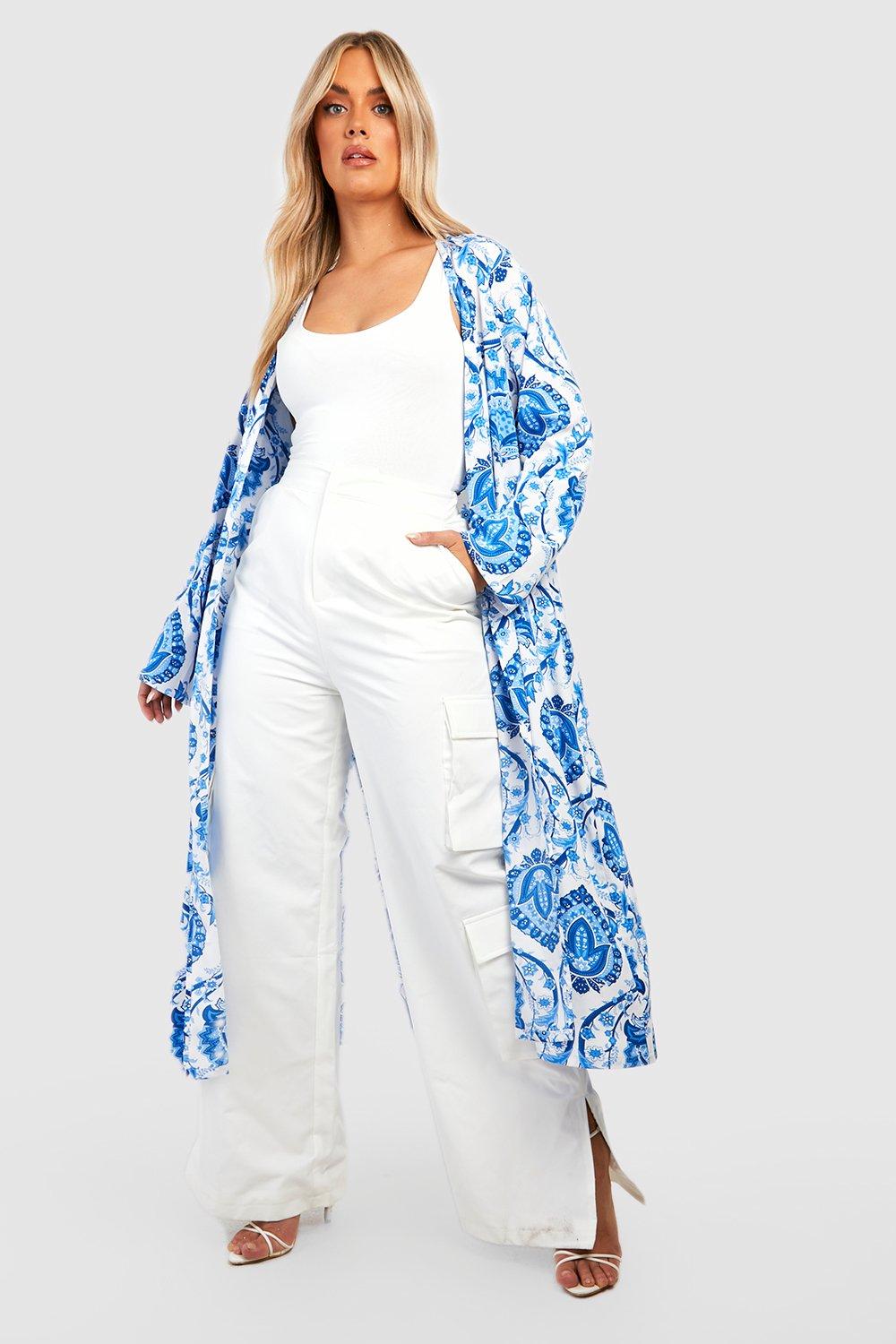 Boohoo Plus Long Line Porselein Print Kimono, Blue