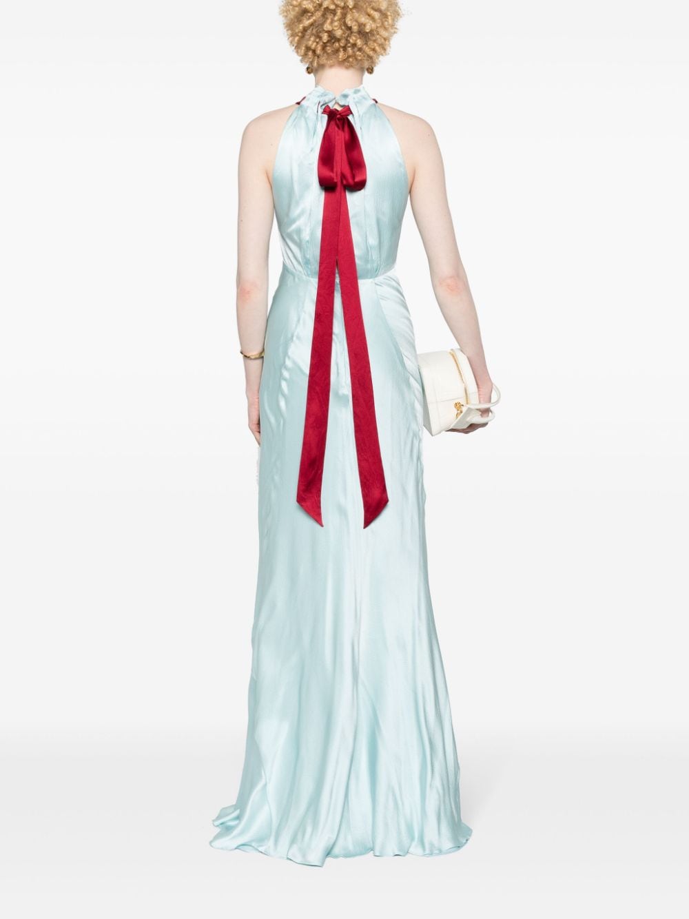 Saloni pleated-neck seersucker gown - Blauw