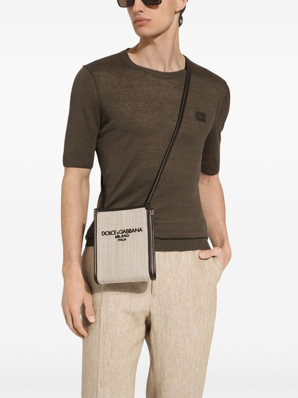 Dolce & Gabbana small logo-embroidered canvas shoulder bag - Beige