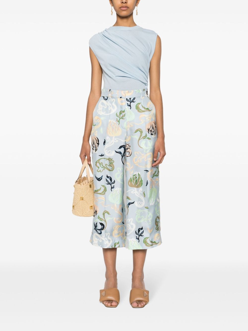 Lanvin graphic-print silk cropped trousers - Blauw