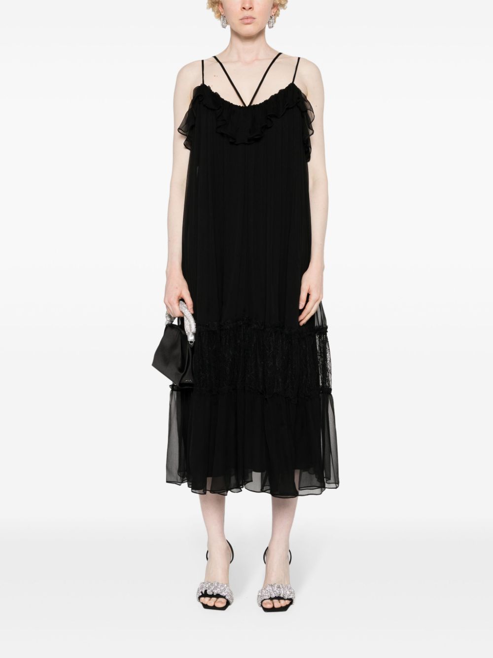NISSA lace-panelling silk dress - Zwart