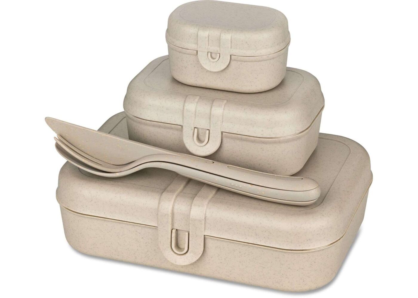 KOZIOL Lunchbox Lunchboxen 3er-Set mit Besteck PASCAL READY, Kunststoff, (Set, 4-tlg., 3 Lunchboxen, 1 Besteckset), Brotdosen Kunststoff