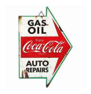 Fiftiesstore Coca-Cola Gas Oil Auto Repairs Rustieke Pijl Metalen Bord- 43 x 29cm
