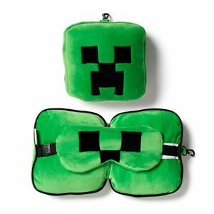 Relaxeazzz Minecraft Creeper knuffel/reiskussen/slaapmasker - 2-in-1 set - voor kinderen