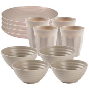 PlasticForte Camping Servies set - kunststof - beige - 4x borden/4x drinkbekers/4x kommetjes -