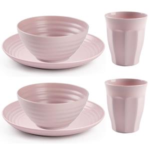 PlasticForte Camping Servies set - kunststof - roze - 4x borden/4x drinkbekers/4x kommetjes -