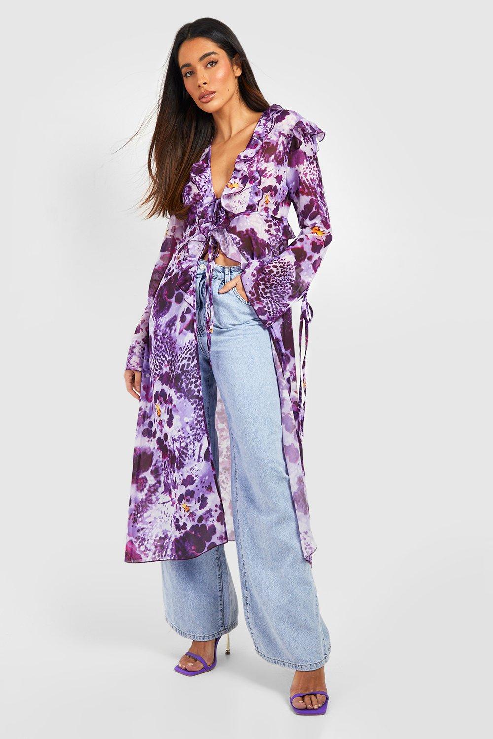 Boohoo Bloemen Kimono Met Franjes, Purple