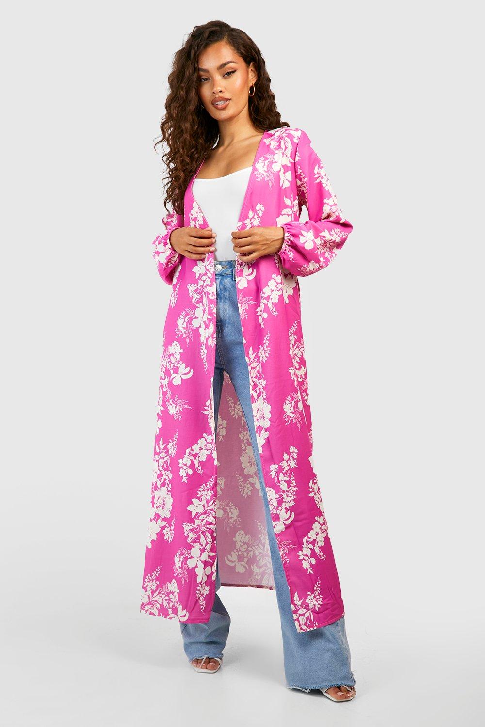 Boohoo Geweven Bloemenprint Kimono Met Ceintuur, Pink