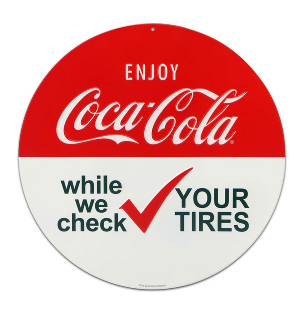 Fiftiesstore Coca-Cola Check Your Tires Embossed Metal Sign - Ø31cm