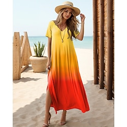 Light in the box Dames Casual jurk Ombre Regenboog Gespleten dij V-hals Lange jurk maxi-jurk Tropisch Vakantie Korte mouw Zomer