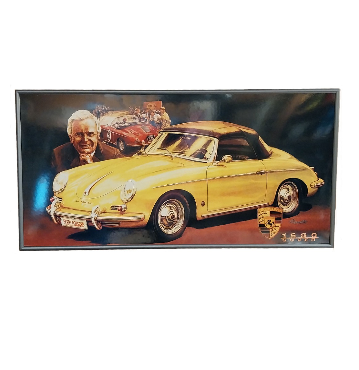 Fiftiesstore Zapadlik Vintage Porsche 1600 Ingelijste Emaille Artwork - 60 x 31cm