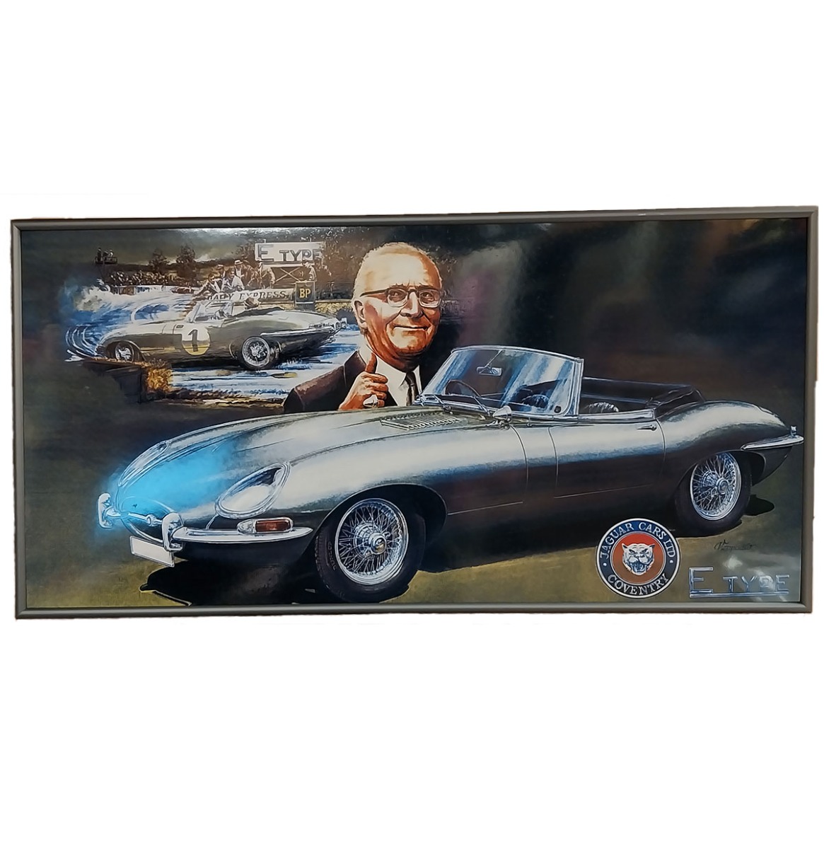 Fiftiesstore Zapadlik Vintage Jaguar E-Type Ingelijst Emaille Artwork - 60 x 31cm