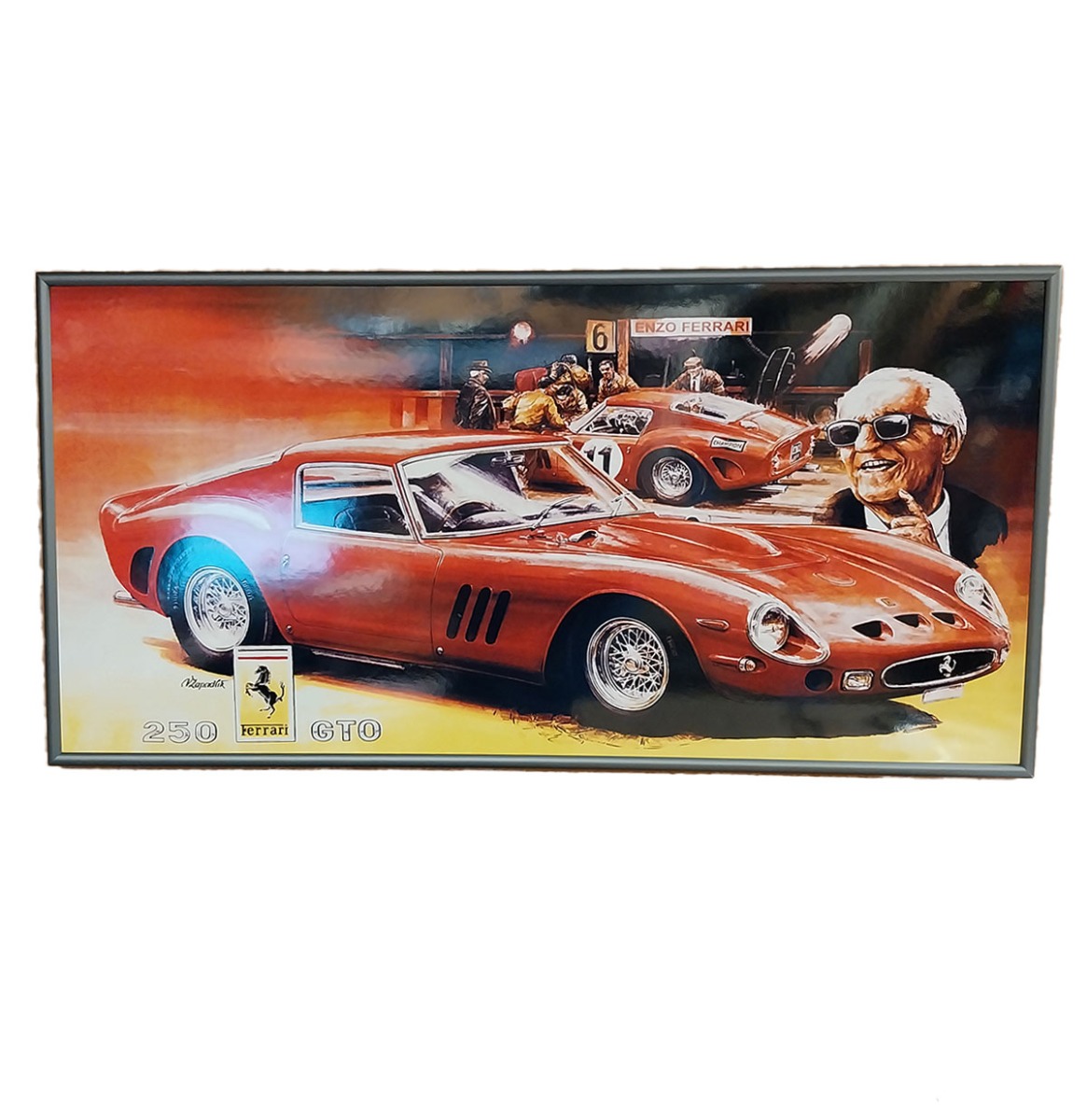 Fiftiesstore Zapadlik Vintage Ferrari 250 GTO Ingelijst Emaille Artwork - 60 x 31cm