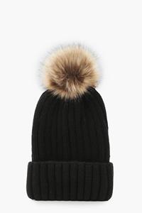 Boohoo Geribbelde Gebreide Muts Met Grote Faux Fur Pom, Black