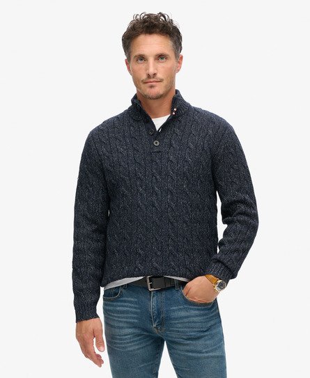 Superdry Mannen Kabeltrui met Knopen bij de Hals Blauw