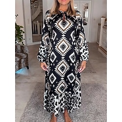 Light in the box Dames Polyester Winter jurk Geometrisch Kleurenblok Afdrukken Strakke ronde hals Lange jurk maxi-jurk Dagelijks Vakantie Lange mouw Herfst Winter