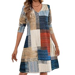 Light in the box Dames Polyester Ruitjes V-hals Maxi-jurk Lange mouw Lente Herfst