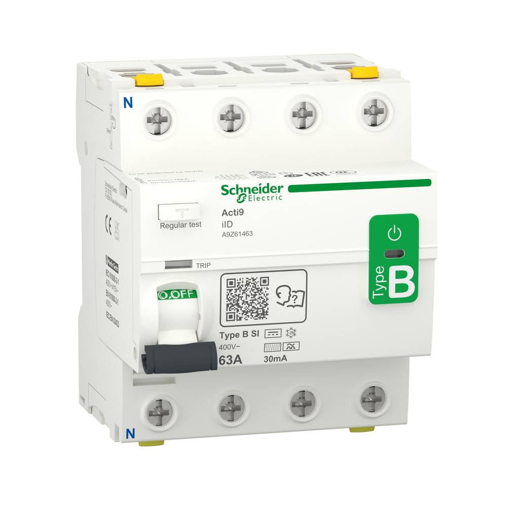 schneiderelectric Schneider Electric Acti9 rccb earth leakage protection 4p 63a 30ma b-class-si super immun ac/dc for inst with 3p speed drive and inverter due to dc current