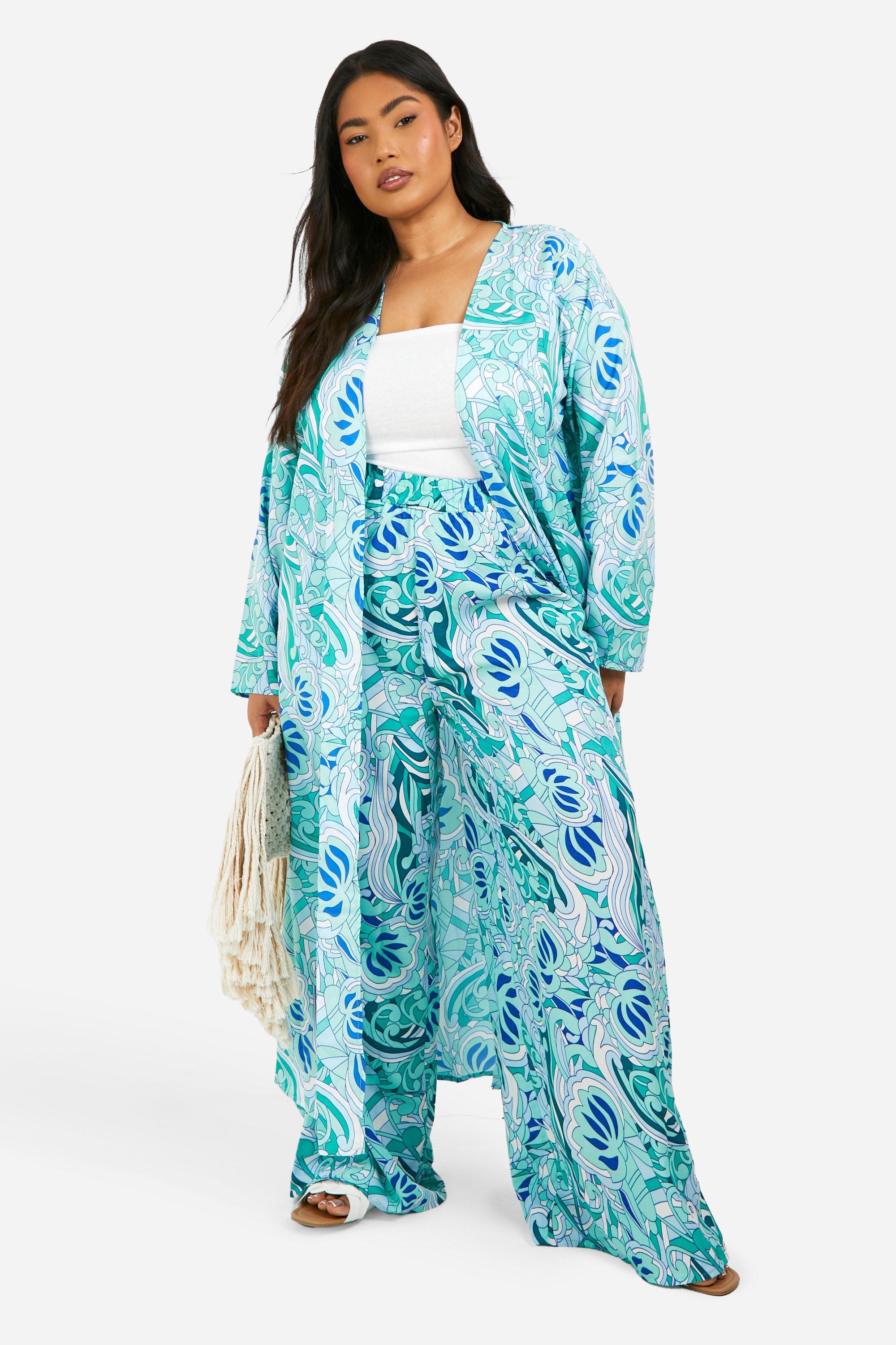 Boohoo Plus Paisley Print Long Line Kimono, Blue